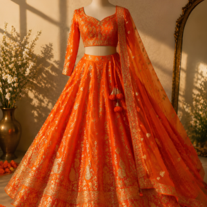 Orange Raw Silk Embroidered Lehenga