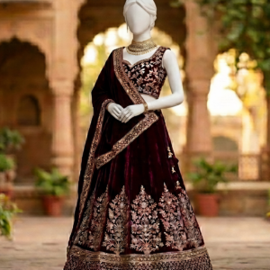 Deep Wine Velvet Badla Lehenga Set