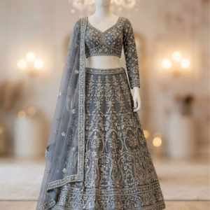Grey Organza Silver Embroidered Lehenga Set