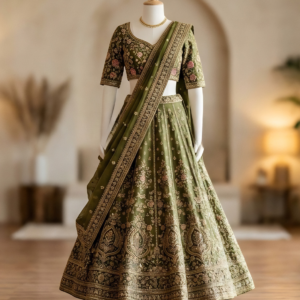 Olive Green Tissue Embroidered Lehenga Set