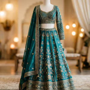 Teal Embroidered Tissue Lehenga Set