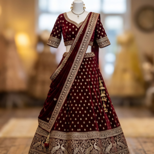 Maroon Velvet with Embroidered Borders Lehenga Set