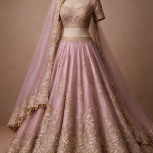 Salmon Pink Velvet Embroidered Lehenga Set