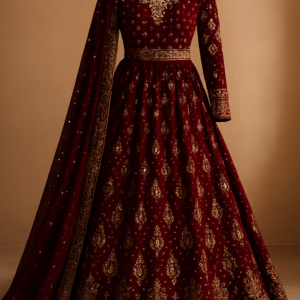 Red & Wine Stone Embroidered Lehenga Set