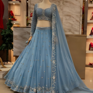 Powder Blue and Ivory Kashmiri Embroidered Lehenga Set